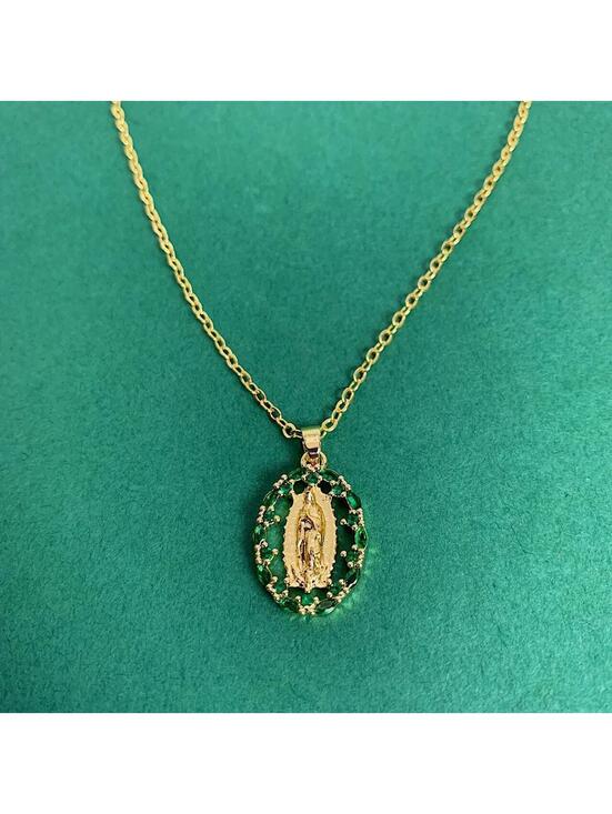 Jewelry - Gold Saint Marry green rhinestone pendant necklace. 19 inches length. Can be